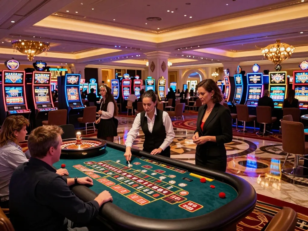 Sunwingo excitement at a roulette table in a Vegas casino, players engaged in placing bets.