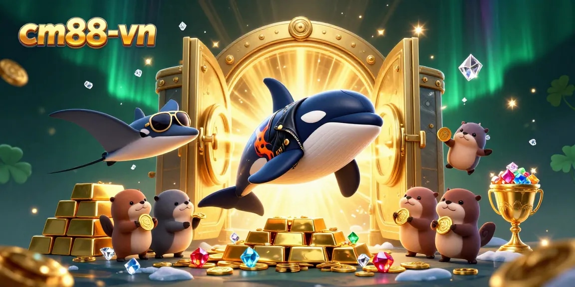 Engage with cm88-vn as a vibrant 3D illustration showcasing thrilling casino elements and cheerful sea characters.