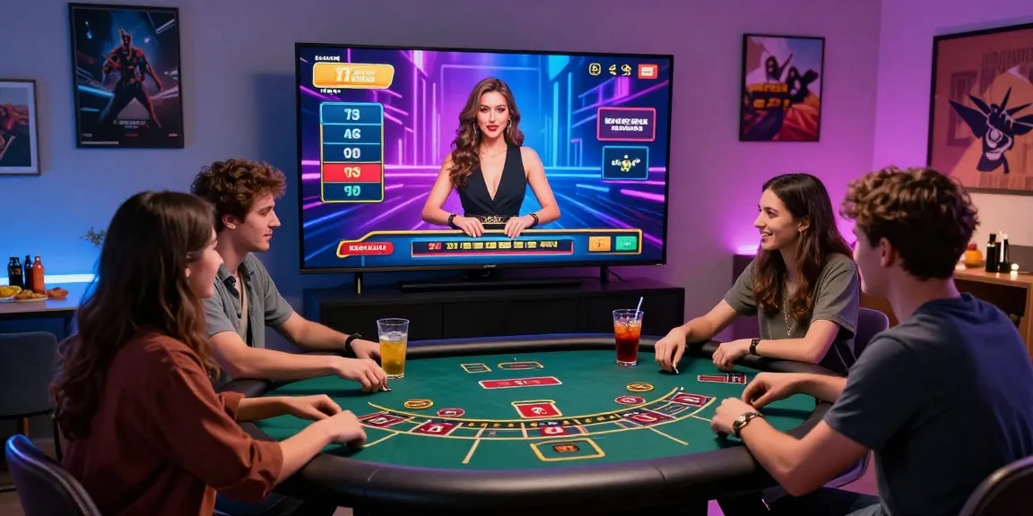 Exciting online gaming atmosphere at https://79club.dev/, friends enjoying live casino with dealer.