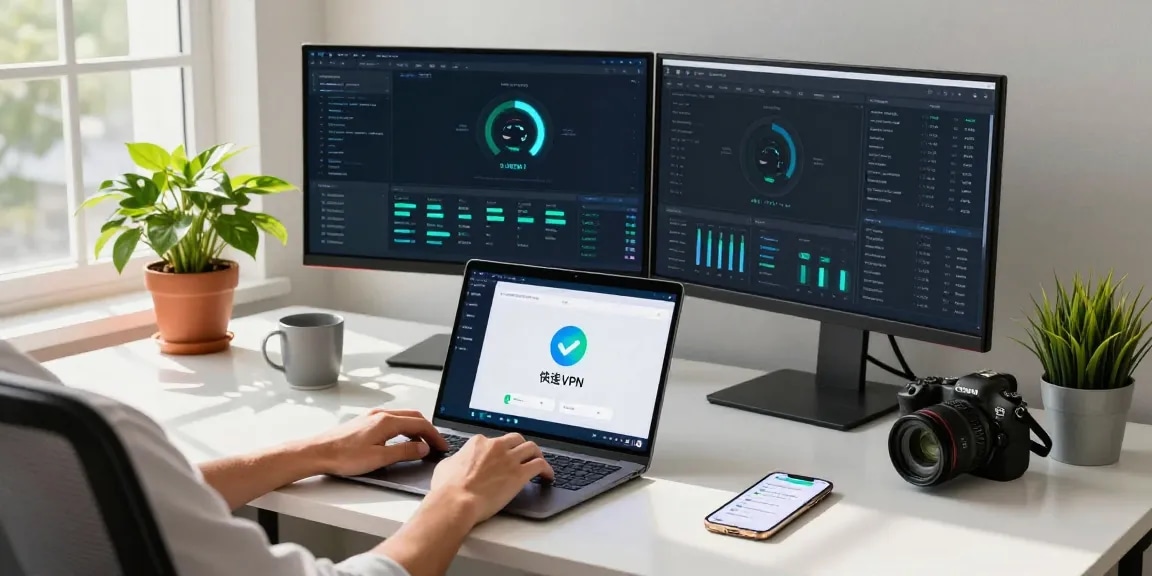 Experience seamless internet connectivity with 快连 VPN in a modern office setup.