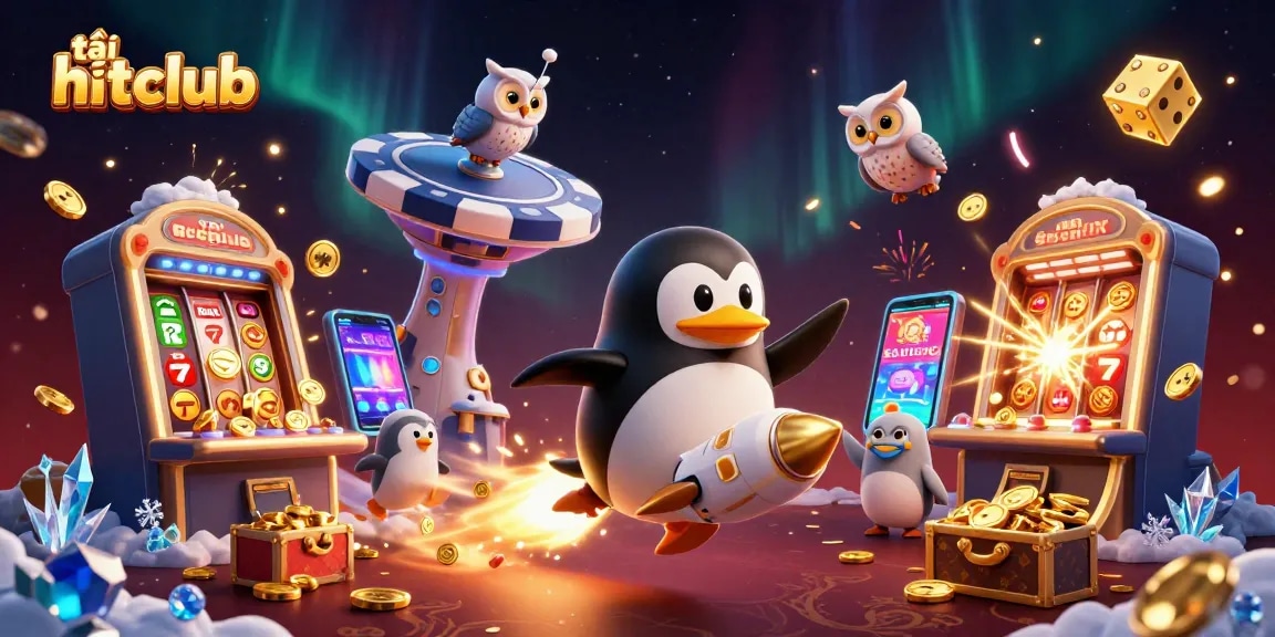 Experience the thrill of tải hitclub with the energetic golden penguin at a casino space station.