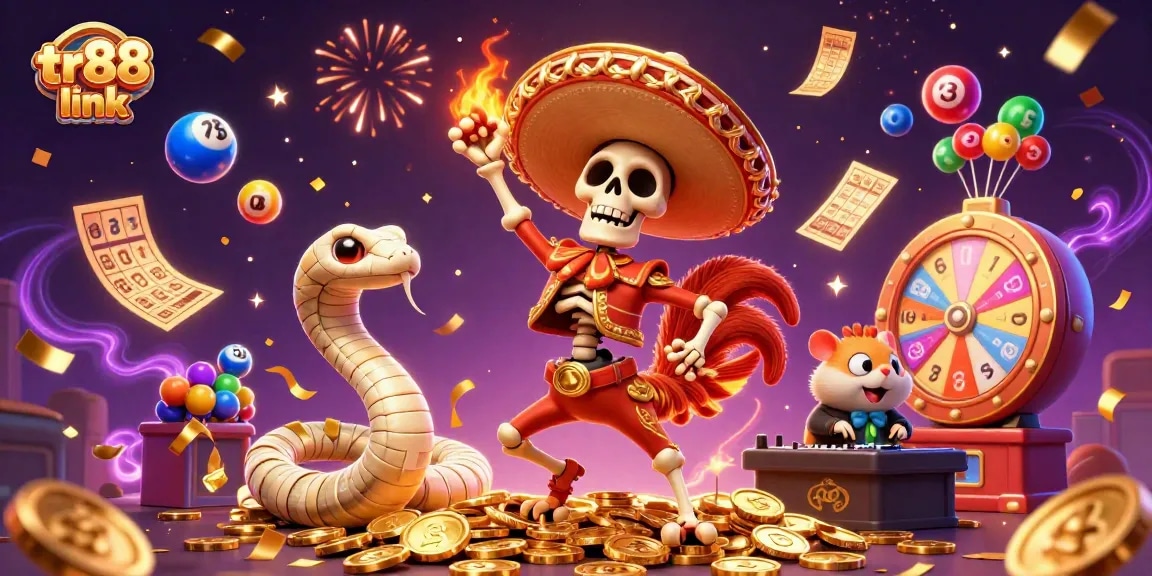 Celebrate winning at tr88 link with a lively illustration featuring a dancing rooster and dynamic gambling elements.