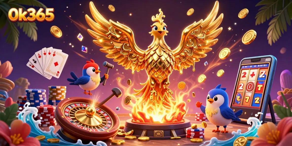 Engage with 0k365 through a vibrant casino scene featuring a molten golden phoenix, coins, and gaming elements.