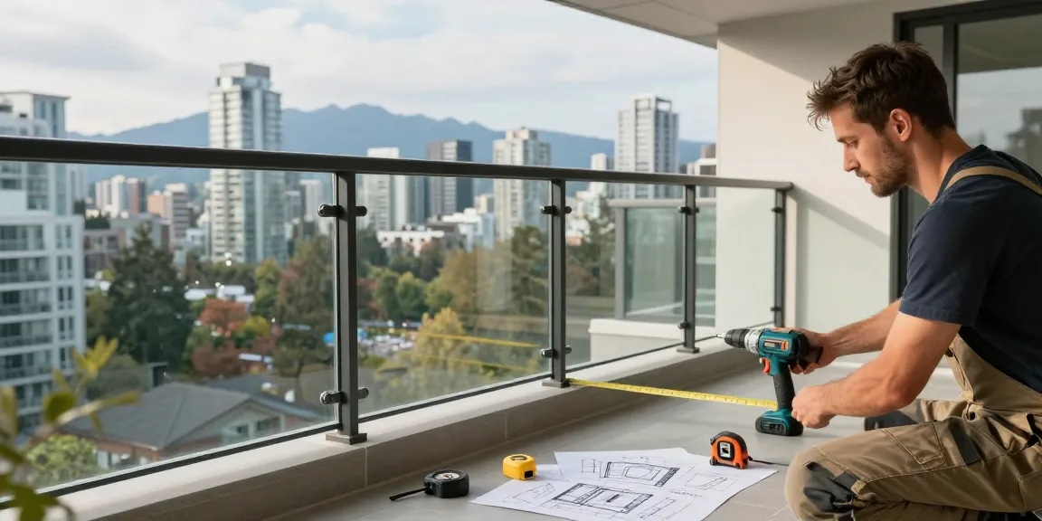 Custom railing installation on a modern Vancouver balcony with views.