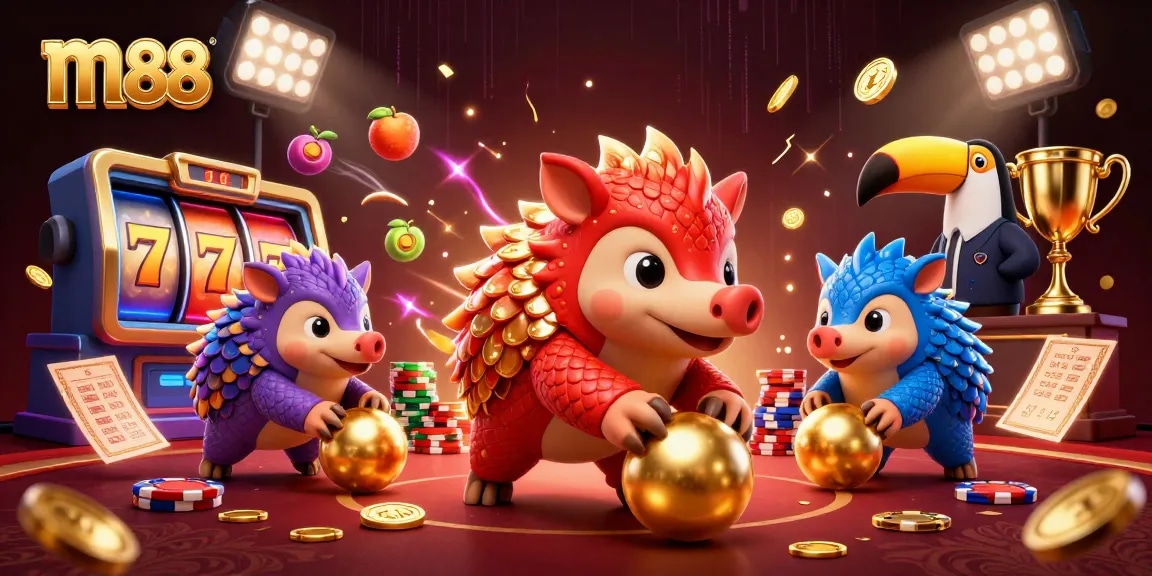 M88 platform shows rival pangolins bowling through poker chips, capturing casino excitement.