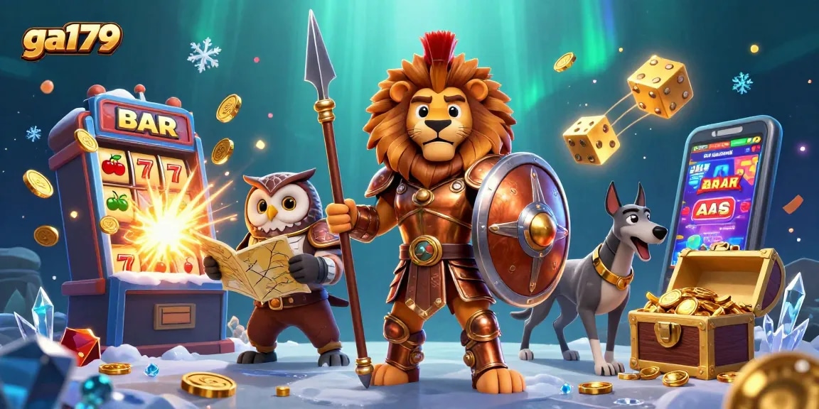 Engage with ga179's thrilling online gambling scene showcasing 3D characters and casino game elements.