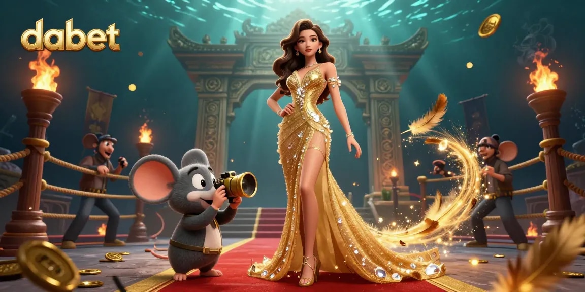 dabet showcases vibrant gambling elements with a glamorous woman and a playful mouse in a dynamic casino scene.