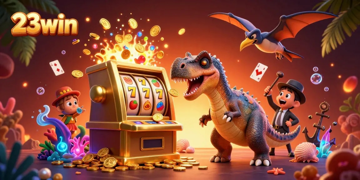 23win features an exciting scene with cartoon dinosaurs playing slot machines and catching coins.