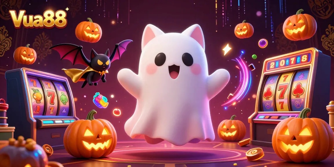 Experience thrilling gaming with Vua88 at a haunted casino featuring a ghost cat, bat, and glowing pumpkins.