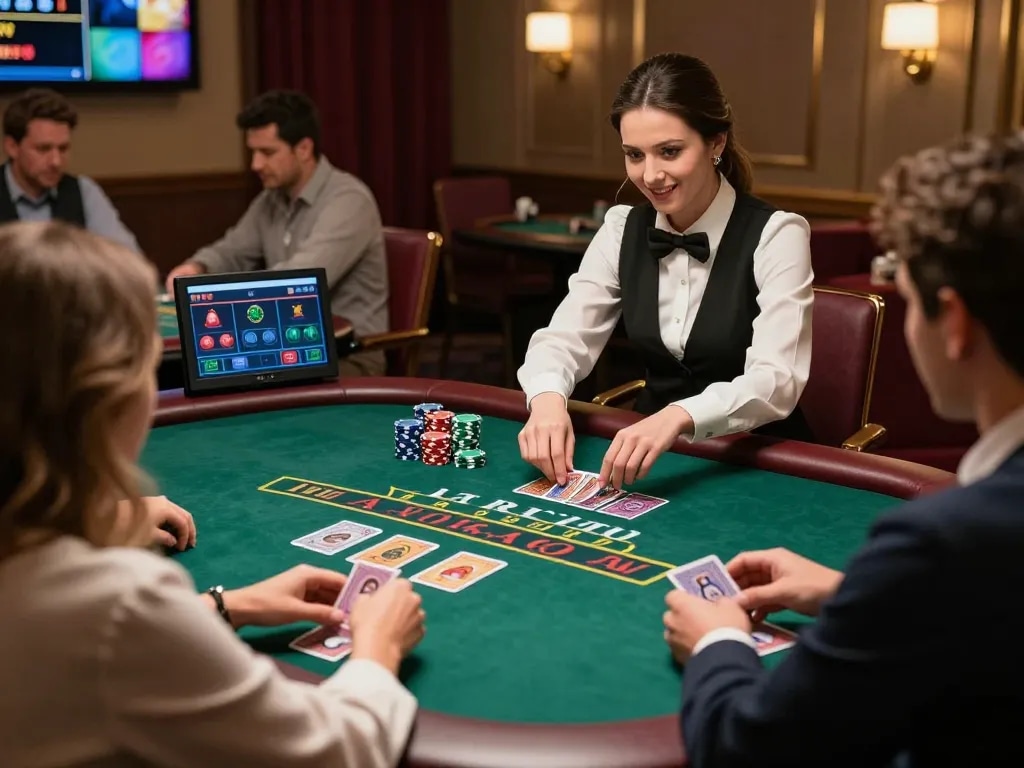 Engaged players at live dealer blackjack table strategizing for Lucky88 đăng nhập online gaming experience.