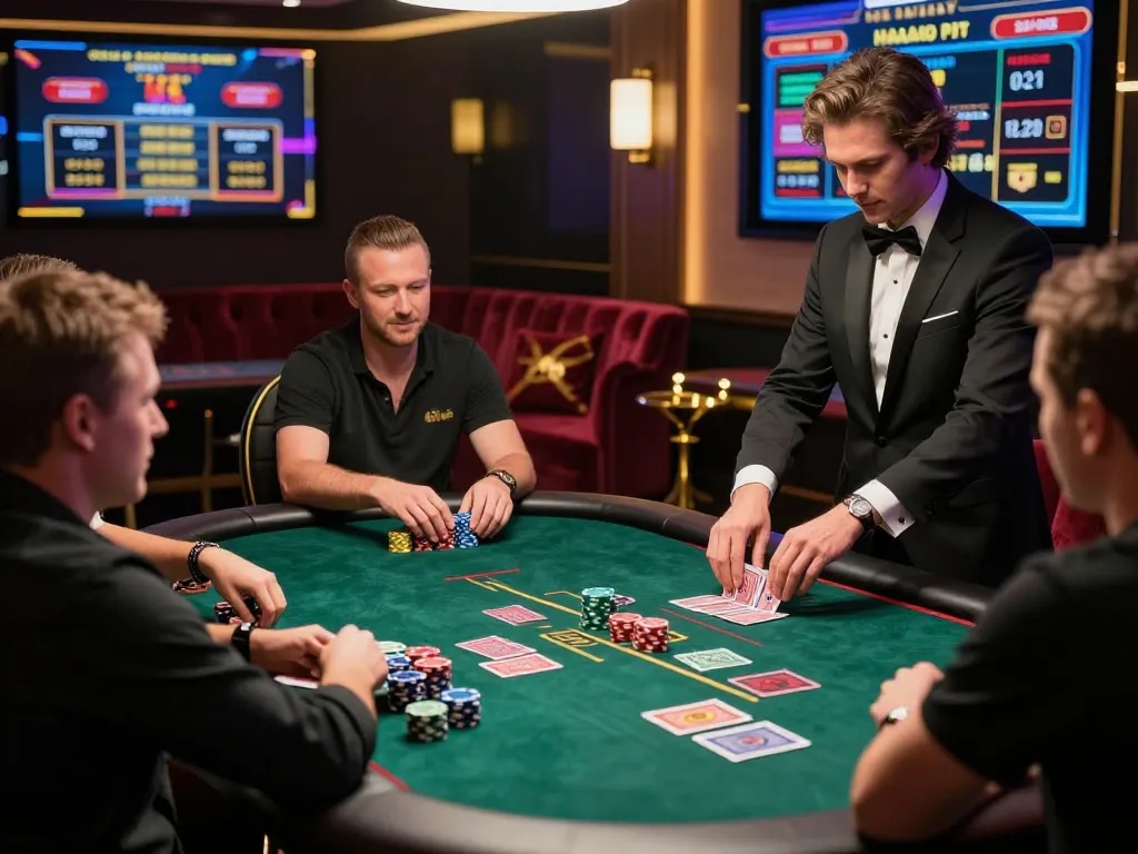 SUNWIN players engaged in high-stakes poker at a live casino, showcasing excitement and strategy