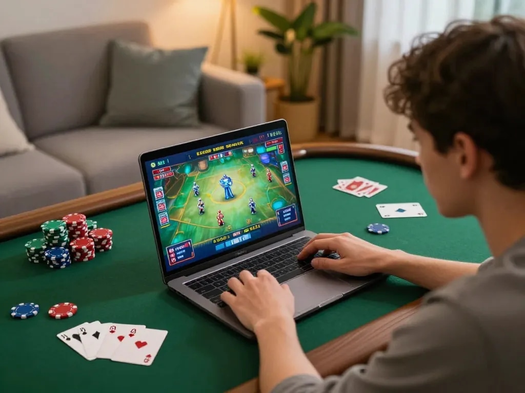 Player engaged in a thrilling game bài session on laptop surrounded by poker chips, showing strategy in action.