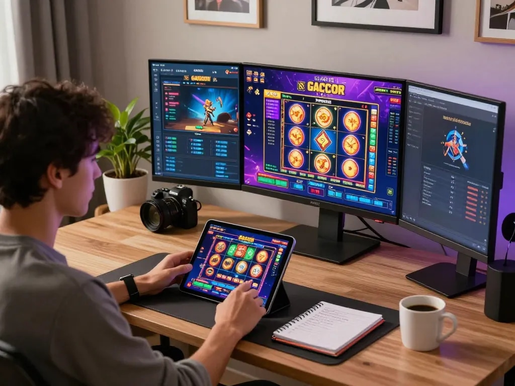 Engaging player focused on slot gacor games on tablet at modern home office, illustrating strategic online gaming.