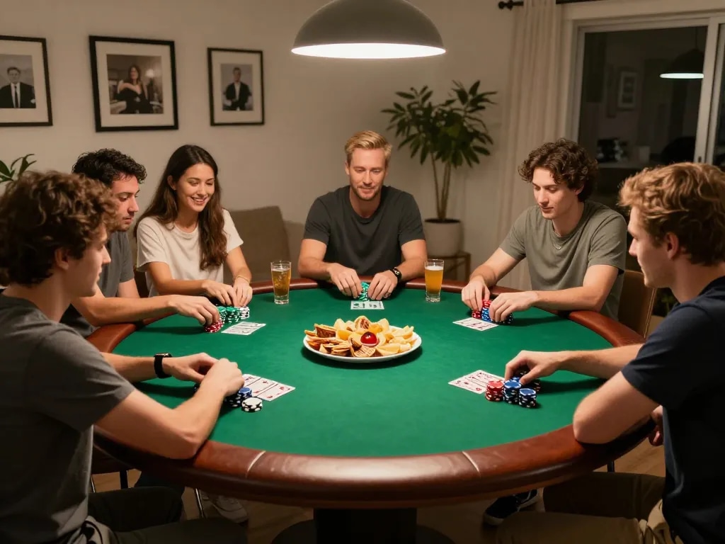 Engaged players at the home poker table enjoying say88 gaming experience, showcasing vibrant chips and friendly atmosphere.