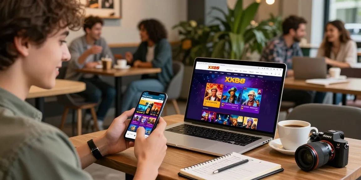 Engaging with the XX88 gaming app, featuring a young adult at a café exploring games on their smartphone.