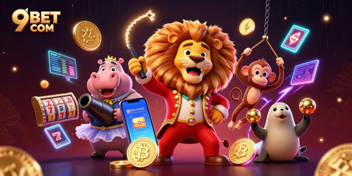 Engage with 9BET COM's vibrant casino scene featuring exciting game elements and 3D characters.
