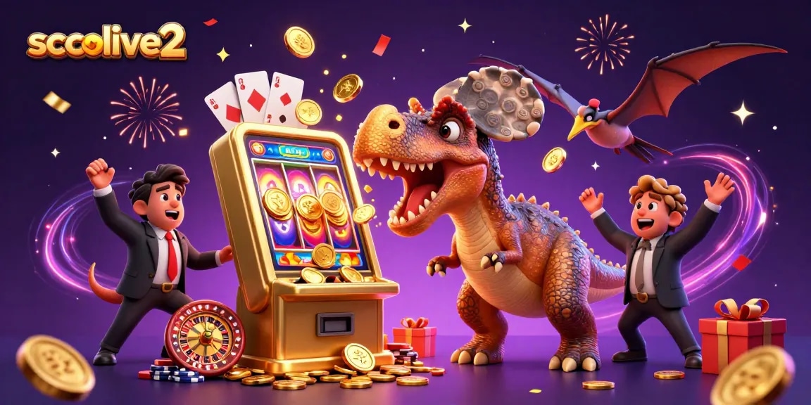 Socolive2 features an exciting scene with a dinosaur winning coins at a slot machine, illustrating a lively casino atmosphere.