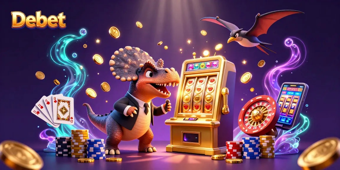 Debet slots come alive as a dinosaur hits a jackpot with gold coins cascading in excitement.