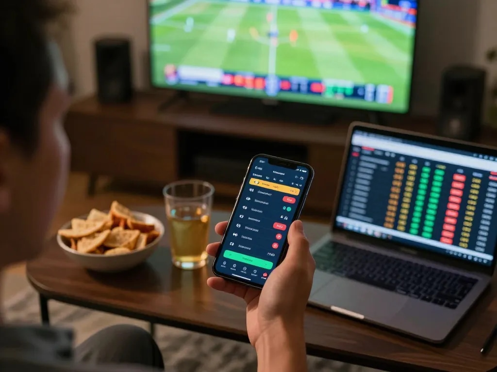 Lu88 gamer engaging with sports betting app while watching live sports, showcasing dynamic odds and excitement