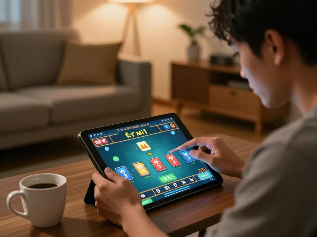 Engaging with tài xỉu online game on tablet while enjoying a cozy home atmosphere