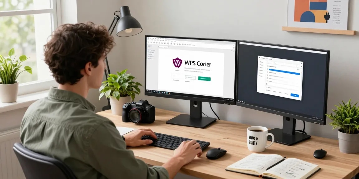 WPS Download guide showcased in a modern home office setting with productivity tools.