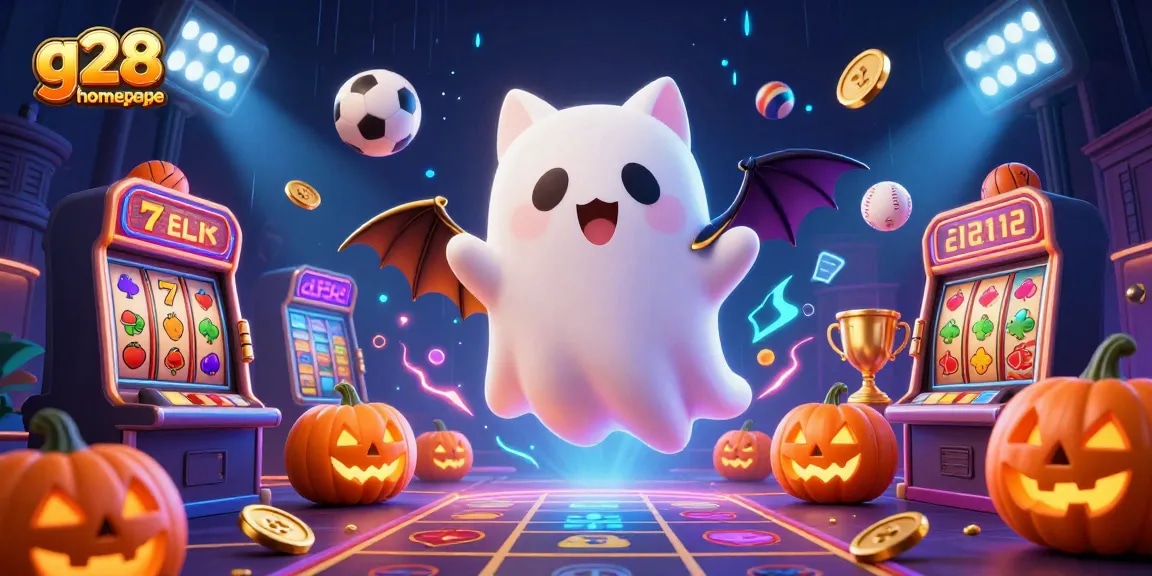 Experience the excitement on the g28 homepage with vibrant casino scenes featuring a ghost cat and dynamic games.
