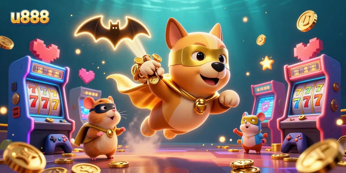 Experience thrilling wins at u888 with a colorful cartoon scene featuring casino games and playful characters.