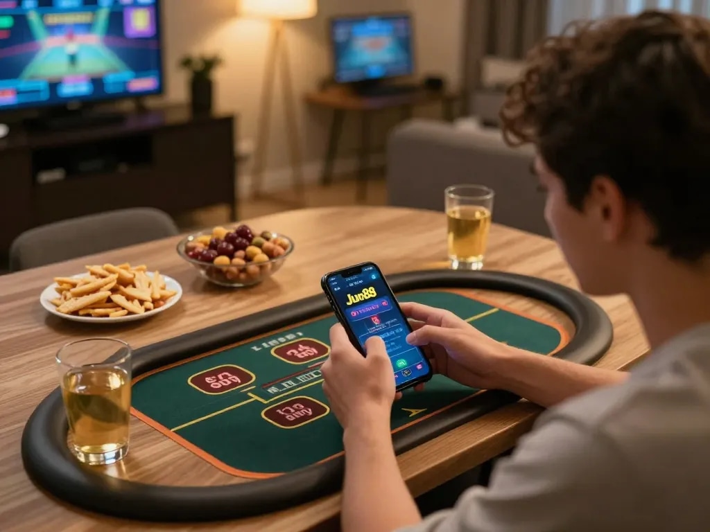 Player engaging with Jun88 mobile casino app, emphasizing strategic betting and relaxed atmosphere.