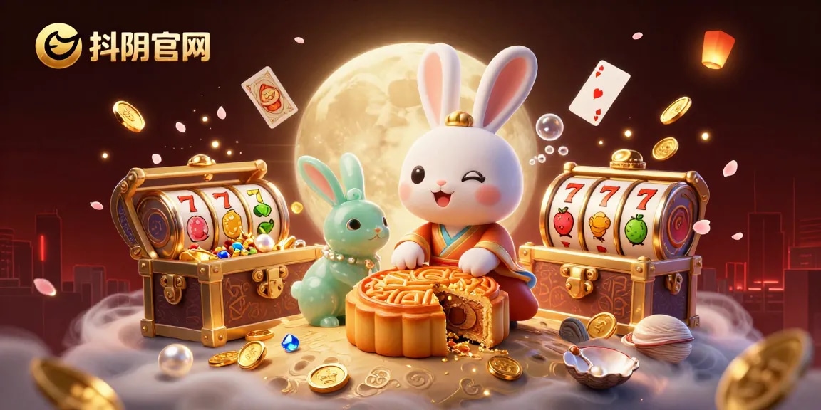 Engage with 抖阴官网's thrilling game elements as cartoon rabbits reveal poker chips on the moon.