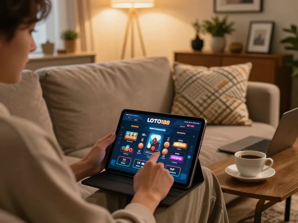 Person using LOTO188 COM on tablet at home, showcasing strategic online gambling setup.