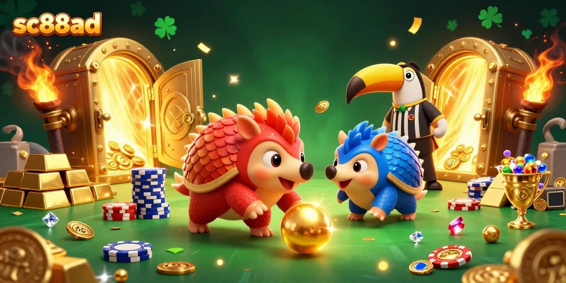 Experience high-stakes gaming with sc88ad, as rival pangolins roll through dynamic poker chip stacks in a vibrant casino.