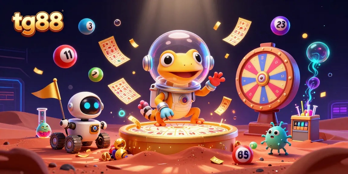 tg88 showcases a Martian gecko discovering a casino in space, surrounded by vibrant gaming elements.
