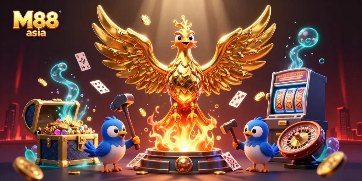 Experience M88 asia's dynamic gaming scene with a golden phoenix and molten gold coins.