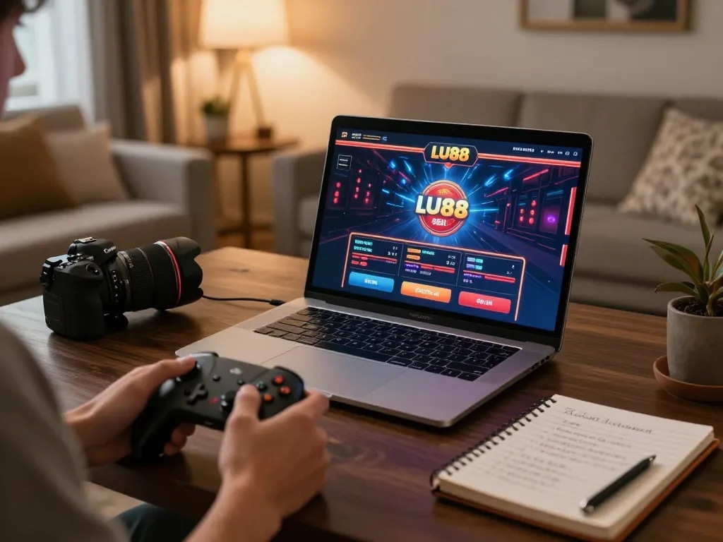 Engaging moment at LU88 online casino with player immersed in gaming strategies from home
