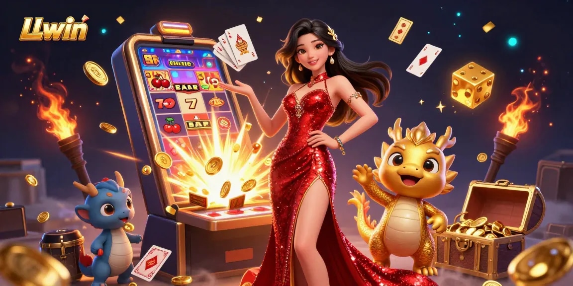 Experience winning gameplay at LLwin with an elegant Asian woman and golden dragon mascot amidst vibrant casino elements.