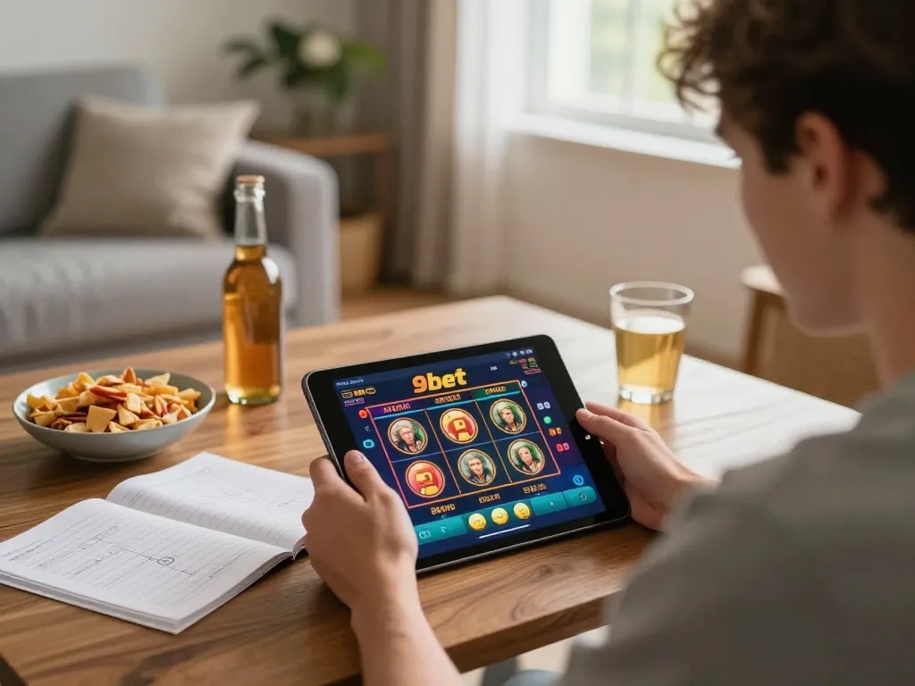 Player engaging with 9betgame slots on tablet in cozy living room environment, promoting responsible gaming practices.