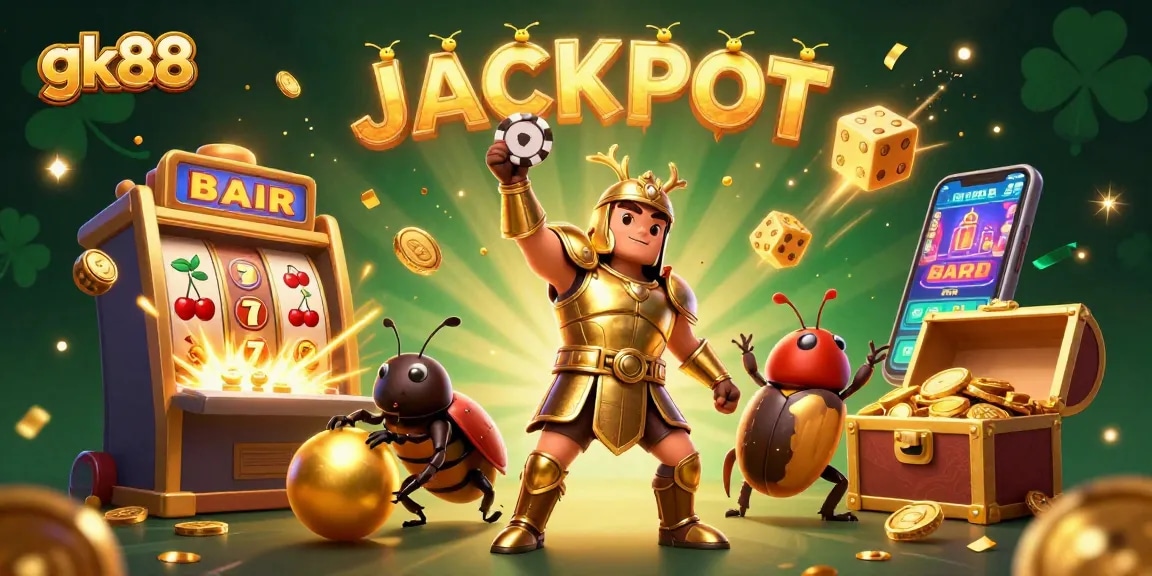 Spin the reels with gk88's vibrant casino scene featuring dynamic characters and jackpots.
