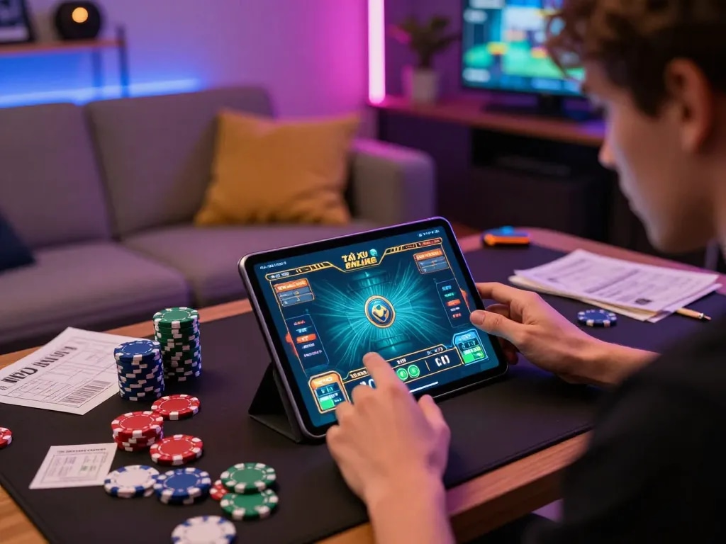 Engaging with app tài xỉu online on tablet amidst strategic notes and poker chips, cozy gaming atmosphere.