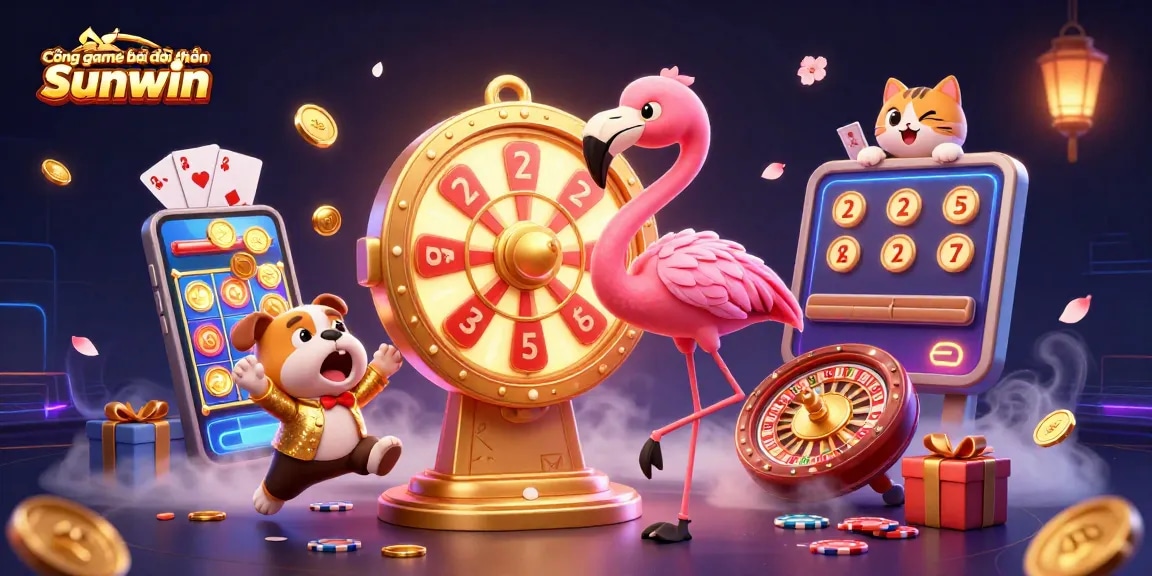 Cổng game bài đổi thưởng Sunwin features a lively 3D scene with a flamingo host spinning a prize wheel, exciting prizes revealed amidst game elements.