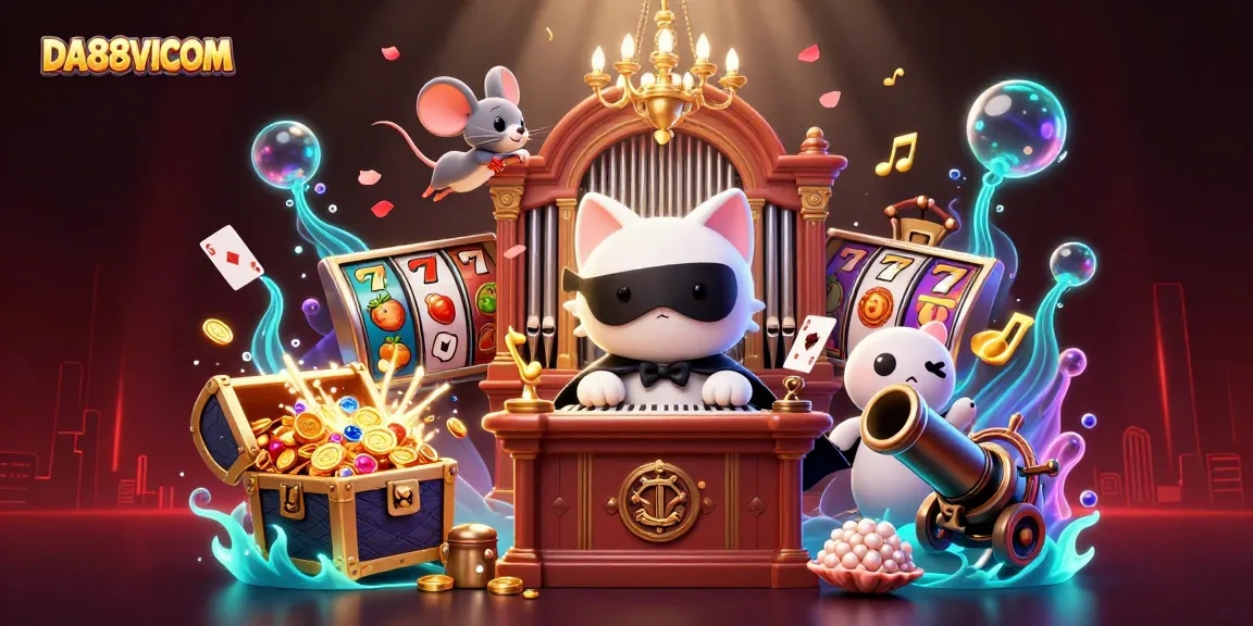 Engaging DA88VICOM scene with a game-playing phantom cat and animated mouse acrobat in a bustling casino atmosphere.