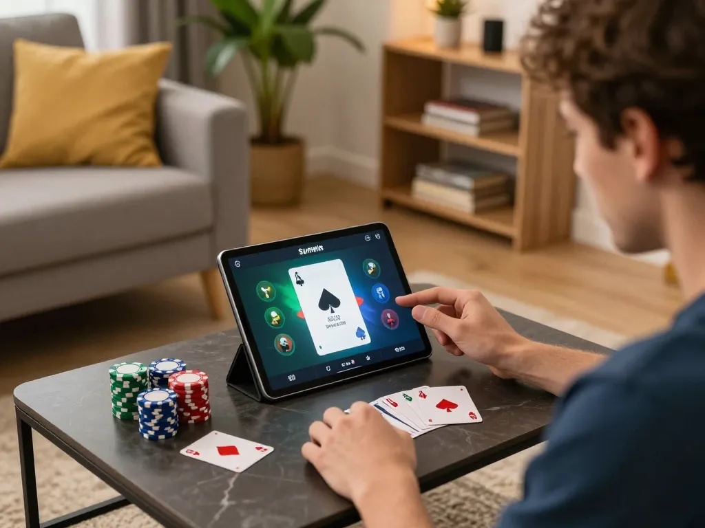 Sunwin app user strategizing with poker cards in a cozy living room setting