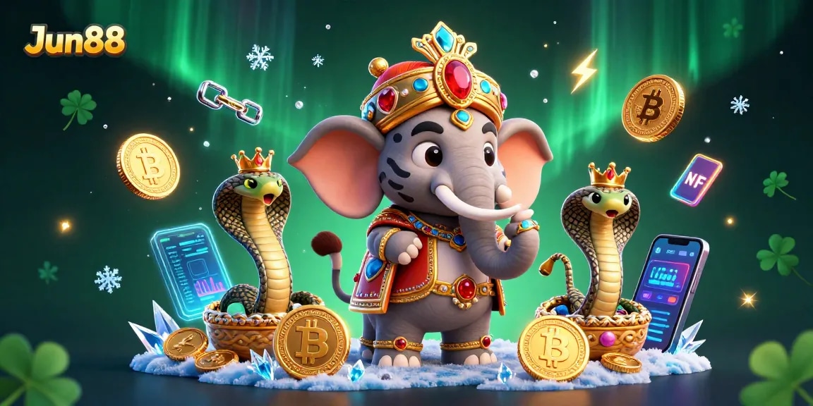 Experience excitement at Jun88 with vibrant casino elements, showcasing crypto treasures alongside a magnificent elephant.