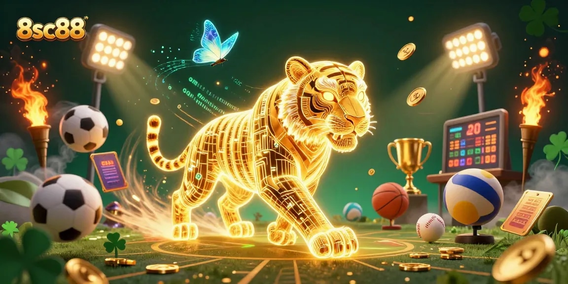 Join the excitement of 8sc88 casino with vibrant sports elements and a dynamic golden tiger.