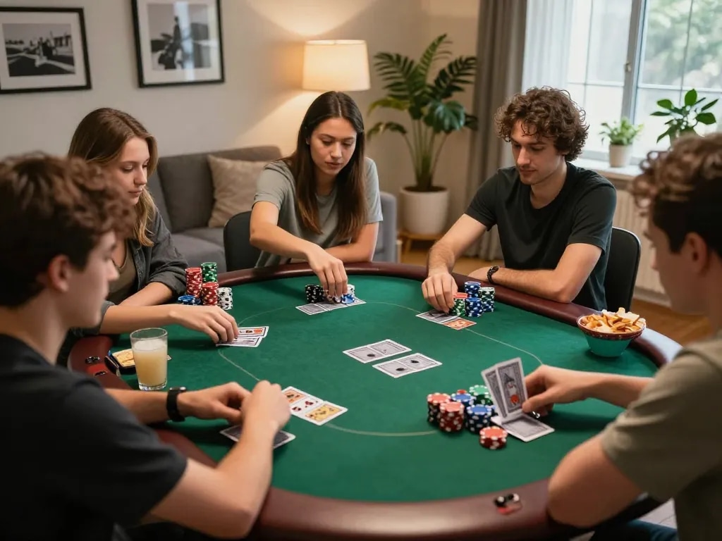 Engaging home poker scene showcasing friends playing Jun88 phiên bản 1 with lively gameplay and social atmosphere.