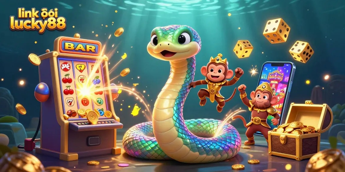 Engage with the exciting link vào lucky88, surrounded by vibrant 3D casino elements and games.