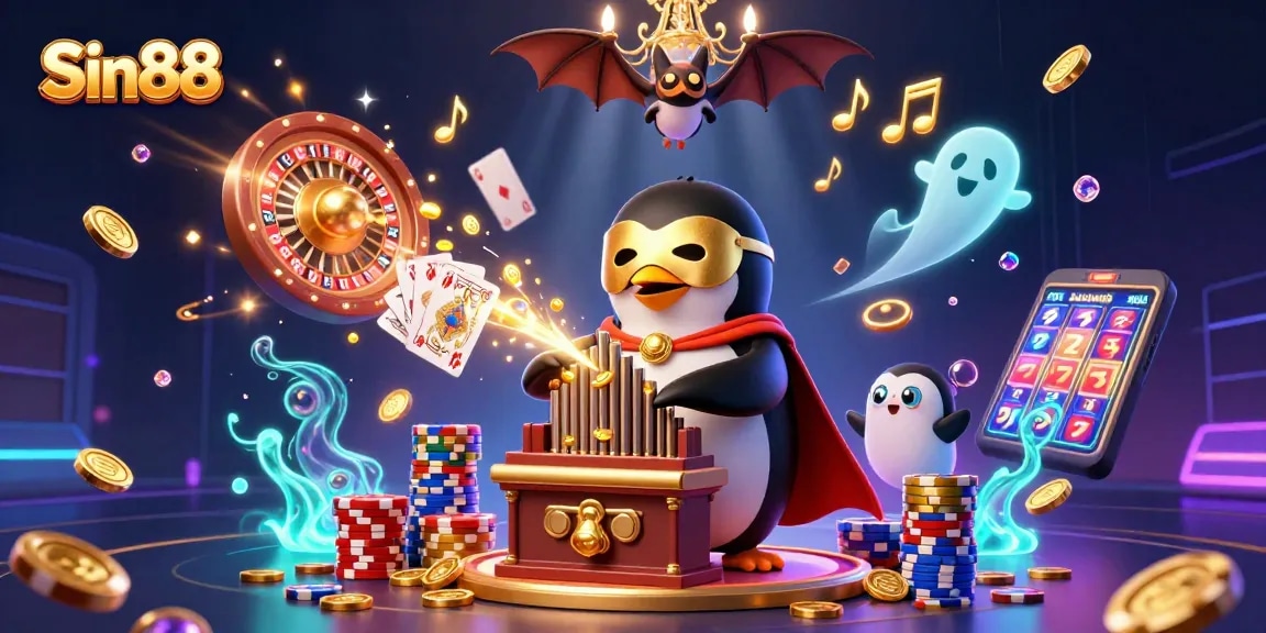 Experience gaming excitement with Sin88 as a cartoon penguin launches golden coins from an organ amidst vibrant casino elements.