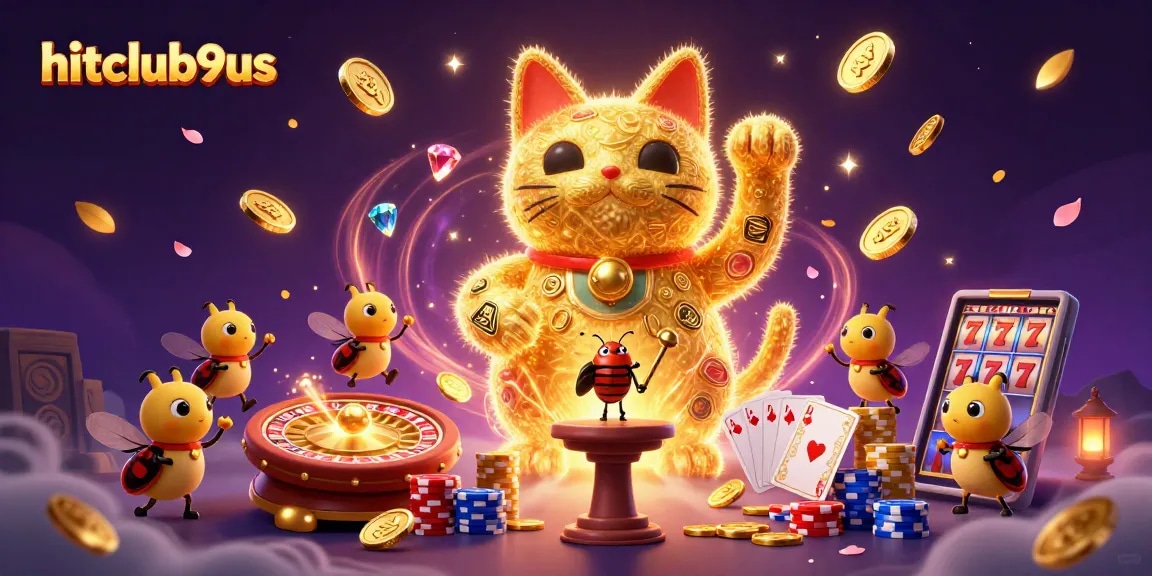 Experience thrilling wins with hitclub9us, showcasing golden fireflies and casino symbols in a vibrant illustration.