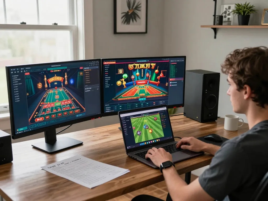Engaging in online casino games with co88 setup at home, showcasing a modern gaming station