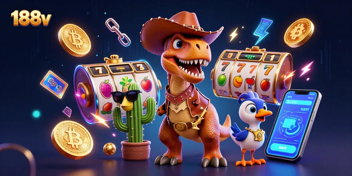 Experience thrilling gameplay at 188v with colorful slot reels and characters in a dynamic casino scene.