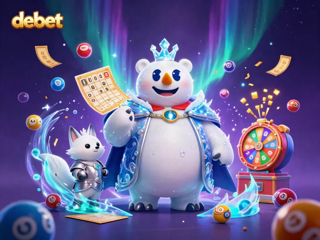 Experience the thrill of debet casino gaming with a festive illustration of a whimsical polar bear and fox amid colorful lottery elements.